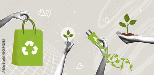 An eco-friendly illustration featuring recycling, renewable energy, plant growth, and sustainable development. A trendy halftone collage. Concepts of environmental awareness, eco-lifestyle, and green
