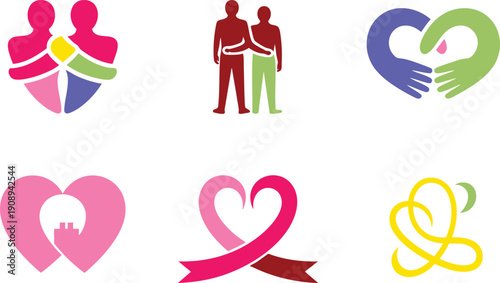 Diverse abstract heart shapes and couple silhouettes symbolizing love unity and connection