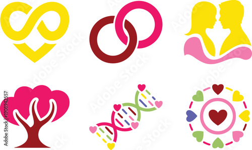 Modern abstract symbols and icons representing infinity rings dna and romantic couple silhouettes