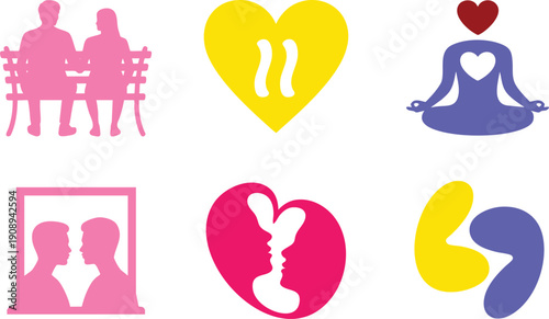 Abstract couple silhouettes yoga pose heart shapes and romantic profiles symbolizing connection