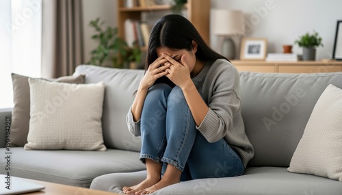 Emotional Distress at Home: A woman sits on a sofa, overwhelmed with sadness, depicting the silent struggles of loneliness and mental health challenges