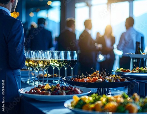 Upscale corporate networking reception with gourmet cuisine and premium wine at sunset.