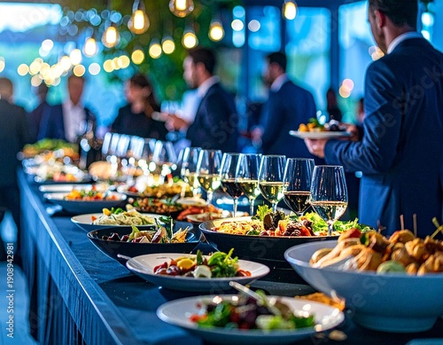 Elegant corporate networking reception with gourmet buffet and premium wine selection.