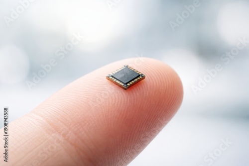 Tiny microchip resting on a fingertip, showcasing advanced miniaturization in technology