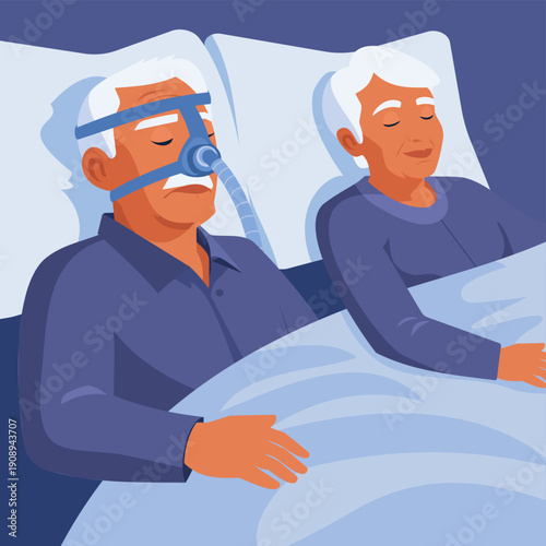 Old man wearing a CPAP machine or medical mask for sleep apnea therapy in bed. Good breathing to support rest improvement, wellness and healthy bedtime routine for senior couple at home