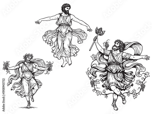 Dionysus dancing god engraving illustration with flowing movement