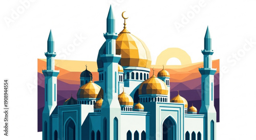 Islamic mosque with golden domes and minarets at sunset islamic architecture religious building