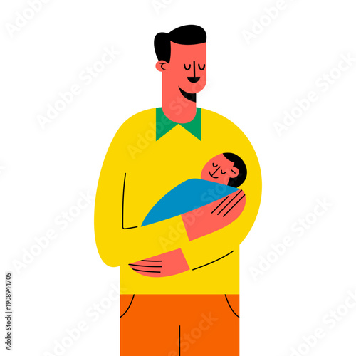 Proud, new dad cradles his newborn baby in a tender family moment. Loving father holding infant with care and affection for fatherhood, parenthood and a bond of trust and protection