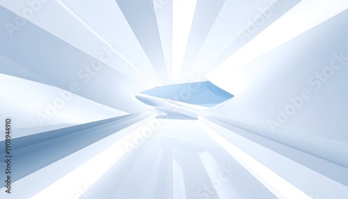 A sleek, futuristic, white and blue tunnel with a vanishing point. Reflective surfaces