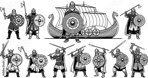 Epic Viking warrior character set featuring armored soldiers with shields axes and swords next to a traditional longship drakkar vessel