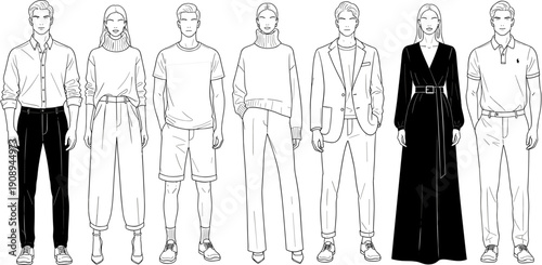 Set of professional fashion sketches showing diverse men and women in various stylish outfits including suits dresses and casual wear