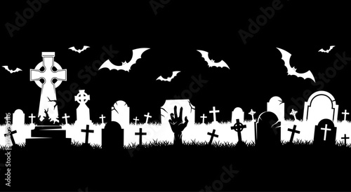 Spooky Halloween graveyard silhouette with tombstones bats and zombie hand rising from the ground on dark black background vector
