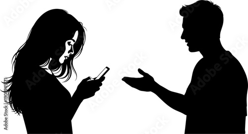 Silhouette of a young woman distracted by a smartphone while a man tries to talk, highlighting relationship conflict, digital addiction, and communication breakdown.