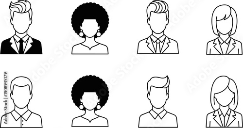 Diverse business avatar line icon set featuring male and female professional profile portraits in formal suits and casual attire, corporate team member vector illustration.