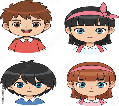 Cute cartoon kids avatar faces vector set with smiling children portraits and colorful character head illustrations