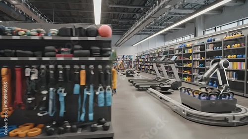 Wallpaper Mural A modern interior with shelves holding various items, a long hallway of books on the left Torontodigital.ca