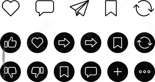Social media interaction icon set with like comment share bookmark refresh symbols minimal vector interface design ui collection