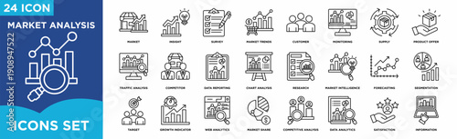 Market analysis icon set featuring trends, insights, research, forecasting, analytics, competitors, reporting, segmentation, and growth indicators for business use.