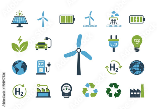 Eco friendly energy icons for sustainable living and renewable power solutions