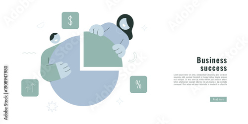 Business success banner with man and woman celebrating financial growth and revenue increase. Flat design illustration for achievement, profit, investment and business development.