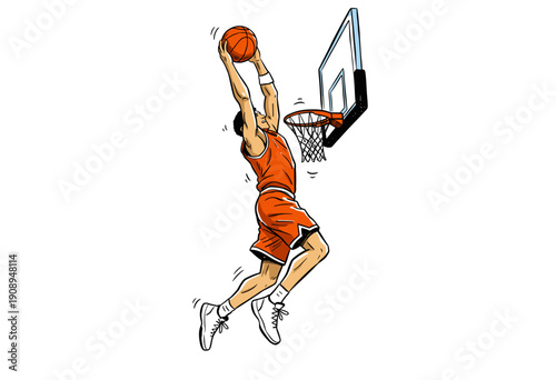 Basketball club t shirt design. Slam dunk championship artwork. Player scoring goal sketch. Basketball artwork for t shirt print, posters, stickers an
