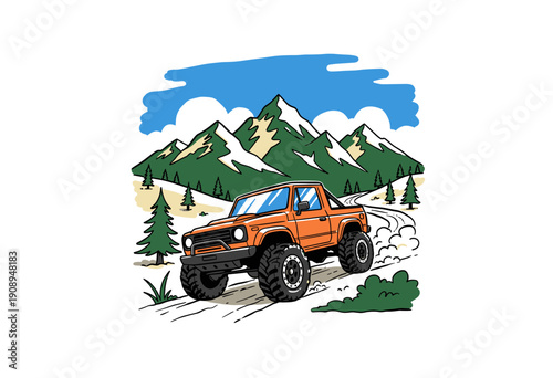 Offroad adventure vehicle design. Mountain track 4x4 pickup artwork. Extreme truck racing concept. Outdoor challenge expedition graphic. Adventure awa