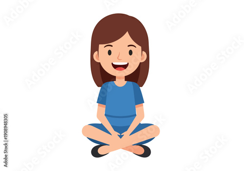 Happy young girl sits comfortably cross legged with a joyous expression and perfect teeth ready for fun and learning activities