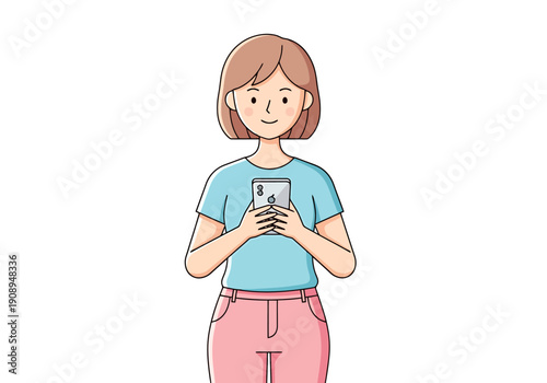 Young woman holding a mobile device in her hands while looking at the screen with a slight smile on her face pink pants blue shirt cartoon style