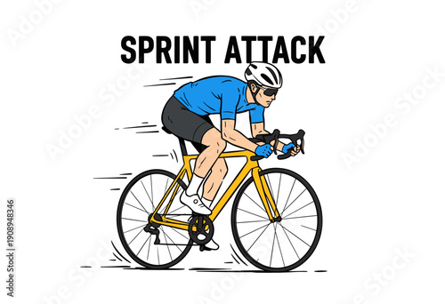 Cycling race artwork for t-shirt. Cyclist sprinting illustration. Road bike sports competition. Sprint attack graphic print. Extreme speed racing artw