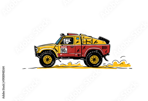 Dakar rally truck artwork. Vintage off-road car illustration for t-shirt print. Desert adventure sport vehicle design. Extreme 90s racing competition