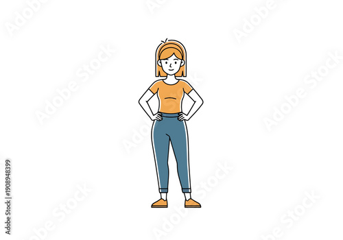 Young Woman Standing Confident With Hands On Hips Casual Style Fashion Modern Outline Drawing Clean Background Full Body