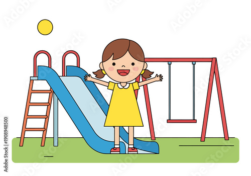 Happy Child Enjoying Outdoor Playground Fun Sliding Down Blue Slide With Swings Set Ready For Recreation Day