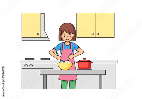 Young Person Preparing Food In A Modern Kitchen With Stove Cabinets And Preparing Ingredients In A Bowl For A Meal
