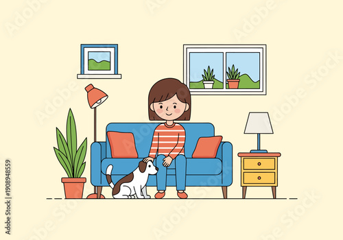 Young Person With Canine Companion Resting Comfortably Together On A Sofa Indoors With Warm Lighting And Green Plants Visible