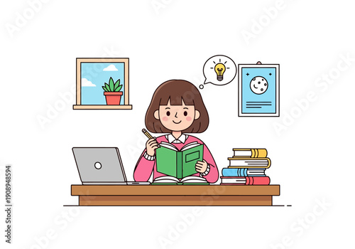 Young student focused on reading a book while studying at a wooden desk with a laptop and stack of books in a bright room setting