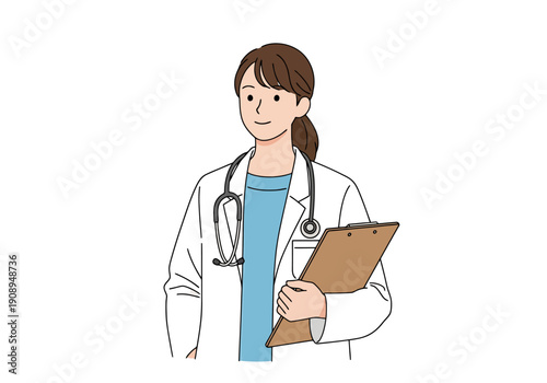Professional Woman Doctor Wearing White Lab Coat Holding Clipboard and Stethoscope on White Background Represents Healthcare Career and Medical