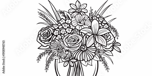 Detailed floral arrangement a black and white sketch of a bouquet