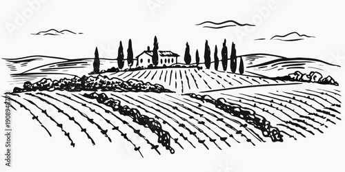 A serene sketch of a tuscan countryside featuring a villa and rolling hills