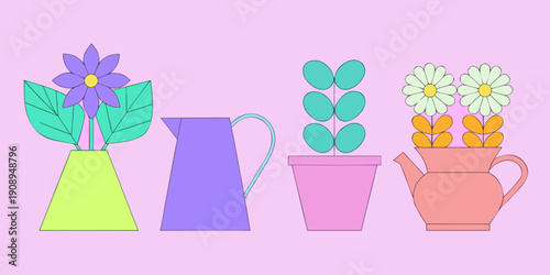 Colorful illustration of flowers a watering can and potted plants on pink