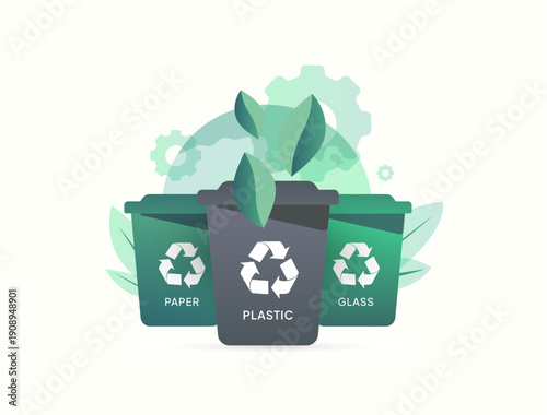 Waste management process, recycling system, sustainability strategy for business and city, circular economy concept, digital modern flat UI infographic vector illustration