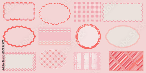 Assorted pink frames and decorative elements arranged on a light pink background