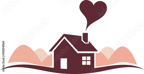 Illustration of a charming maroon house with a heart shaped smoke coming out of the chimney on a pink landscape