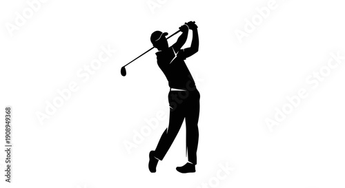 Male Golfer Swinging Club Black Silhouette Isolated on White Background