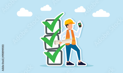 Supervising engineer giving instructions with walkie talkie near checklist stacks illustration of construction project task monitoring