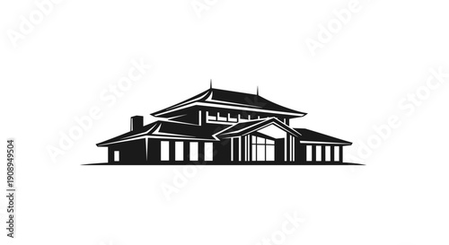 Traditional Asian Temple Style Building Silhouette Vector