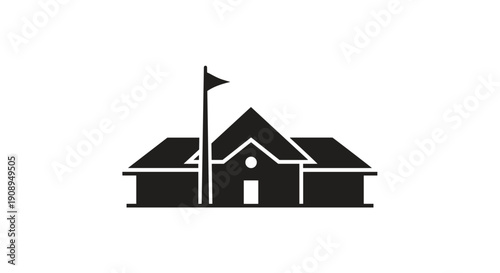 School Building Icon with Flagpole