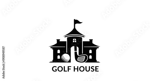 Golf House Logo with Golf Ball and Club - Classic Black and White Emblem