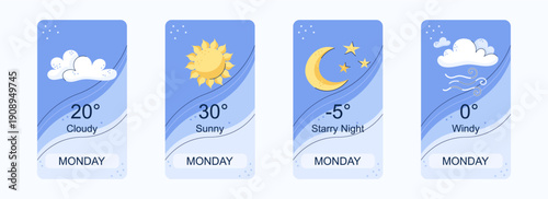 Mobile weather app interface design. Elements for weather forecast mobile app. Cloudy, sunny, Starry and Windy. Vector illustration. Temperature, weather condition user interface generator.