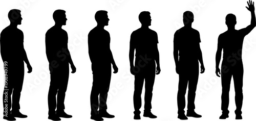 Standing man silhouette set featuring male figures in casual poses, side view profile and front view waving hand gesture.