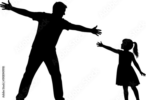 Silhouette of a father with open arms welcoming his young daughter for a hug, representing family love, parenthood, and reunion.